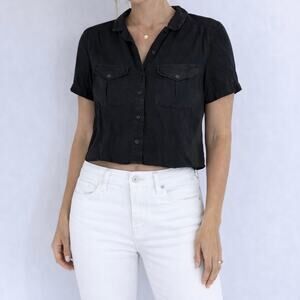Vintage French Connection Black Short Sleeve Button-Up Pocket Top Size Large
